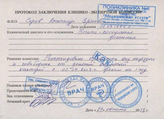 Освобождение от физкультуры